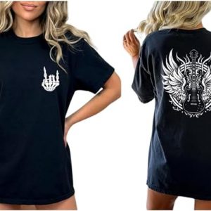 Rock and Roll Guitar Angel Shirt, Vintage Rock Music Lover T-Shirt, Unisex Shirt for Rock Concert Tee, Skeleton Hands Shirt Multi